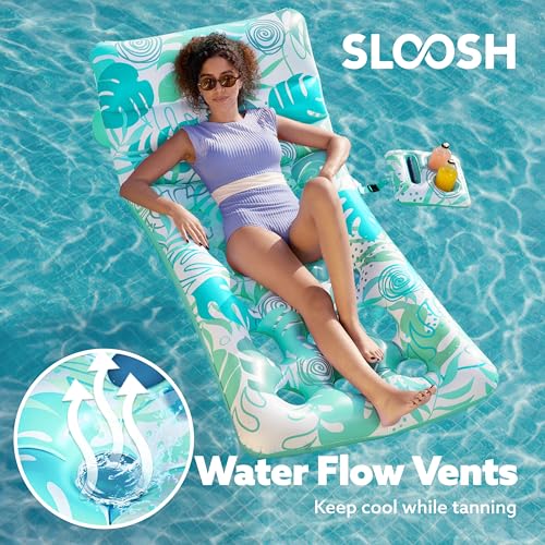 SLOOSH Adjustable Backrest Pool Floats - Tropical Leaves Pool Lounger Floaties Adults with Cup Holders, Inflatable Tanning Float Rafts Chair Beach Lake Lounge Floating Above Water Keep Cool (Blue)