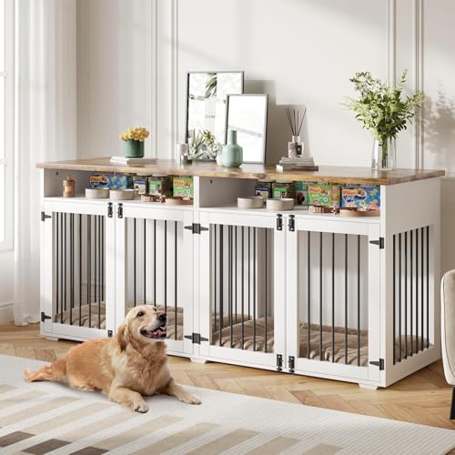 41 inch Dog Crate Furniture for 2 Dogs, Wooden Dog Cage with Storage Compartment, Indoor Dog Kennel with 2 Doors for Medium/Small Dogs, White