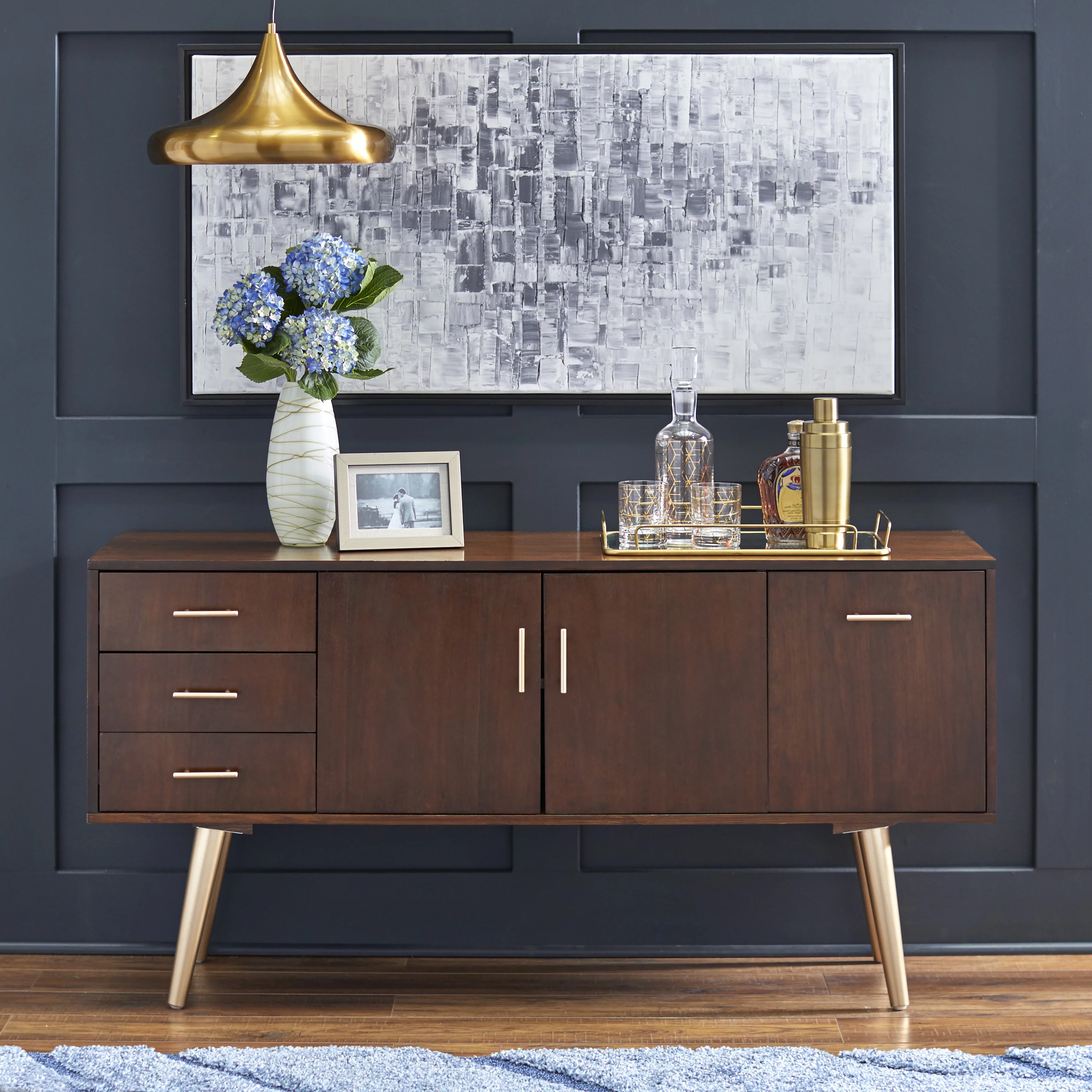 TMS Maura Mid-Century Modern 56” Wide Dining Room Sideboard Buffet, Walnut Finish