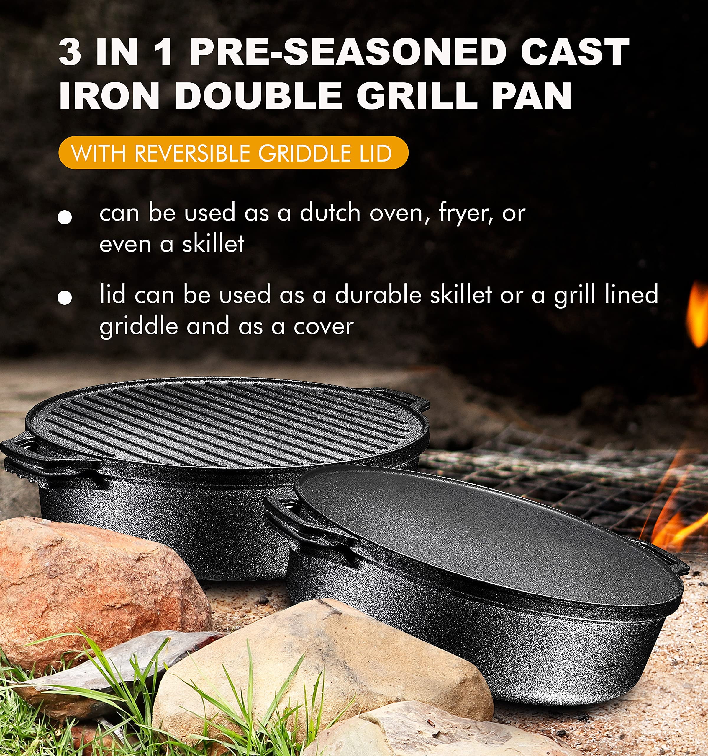 3-In-1 Pre-Seasoned Cast Iron Round Deep Roasting Pan With Reversible Grill Griddle Lid, 6.8 Quart