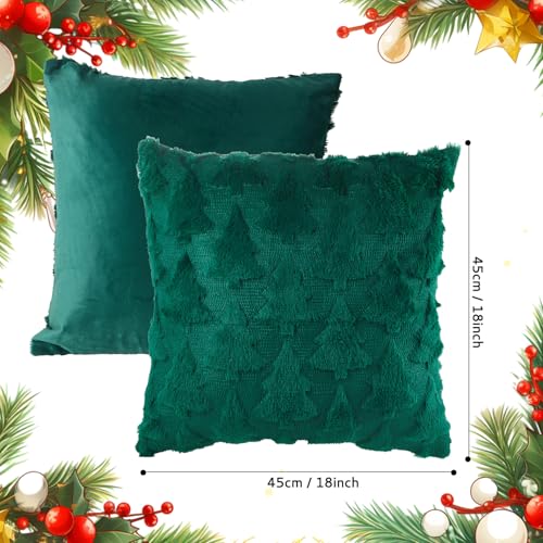 Christmas Throw Pillow Covers 18 x 18 Set of 2, Plush Green Christmas Tree Pillow Cases for Sofa Couch Bed Holiday Decor