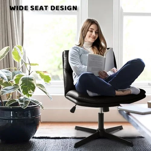 RUNFAYBIU PU-Padded Armless Office Desk Chairs No Wheels  High-Back Wide Seat Home Office Desk Chair  120°Rocking Cross Legged Computer Task Chairs  Modern Adjustable Swivel Vanity Chair