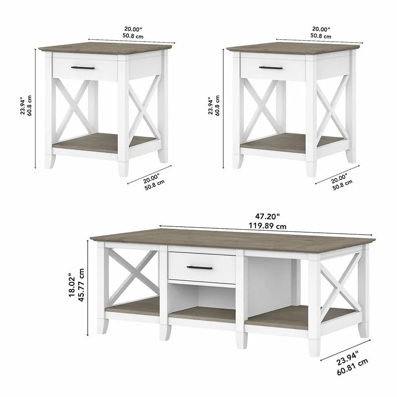Pemberly Row Coffee Table with End Tables in White and Gray - Engineered Wood