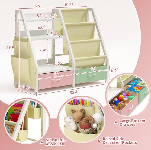 Kids Bookshelf and Toy Organizer, Sturdy 3 Tier Kids Bookcase, Sling Bookshelf and 2 Toy Bins, Toddler Montessori Book Shelf with Toy Storage Organizer for Children Room, Playroom, Nursery