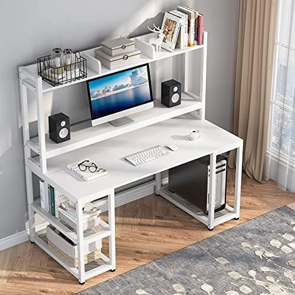 55 Inches Computer Desk with Hutch and Monitor Stand Riser  Rustic Industrial Desk Computer Table Studying Writing Desk Workstation with  Shelves Bookshelf for  Office (White)
