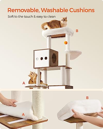 Feandrea Cat Tree with Litter Box Enclosure, 2-in-1 Modern Cat Tower, 70.8-Inch Tall Cat Condo with Scratching Posts, Perch, Caves, Basket, Washable Cushions, Heather Greige UPCT116G01