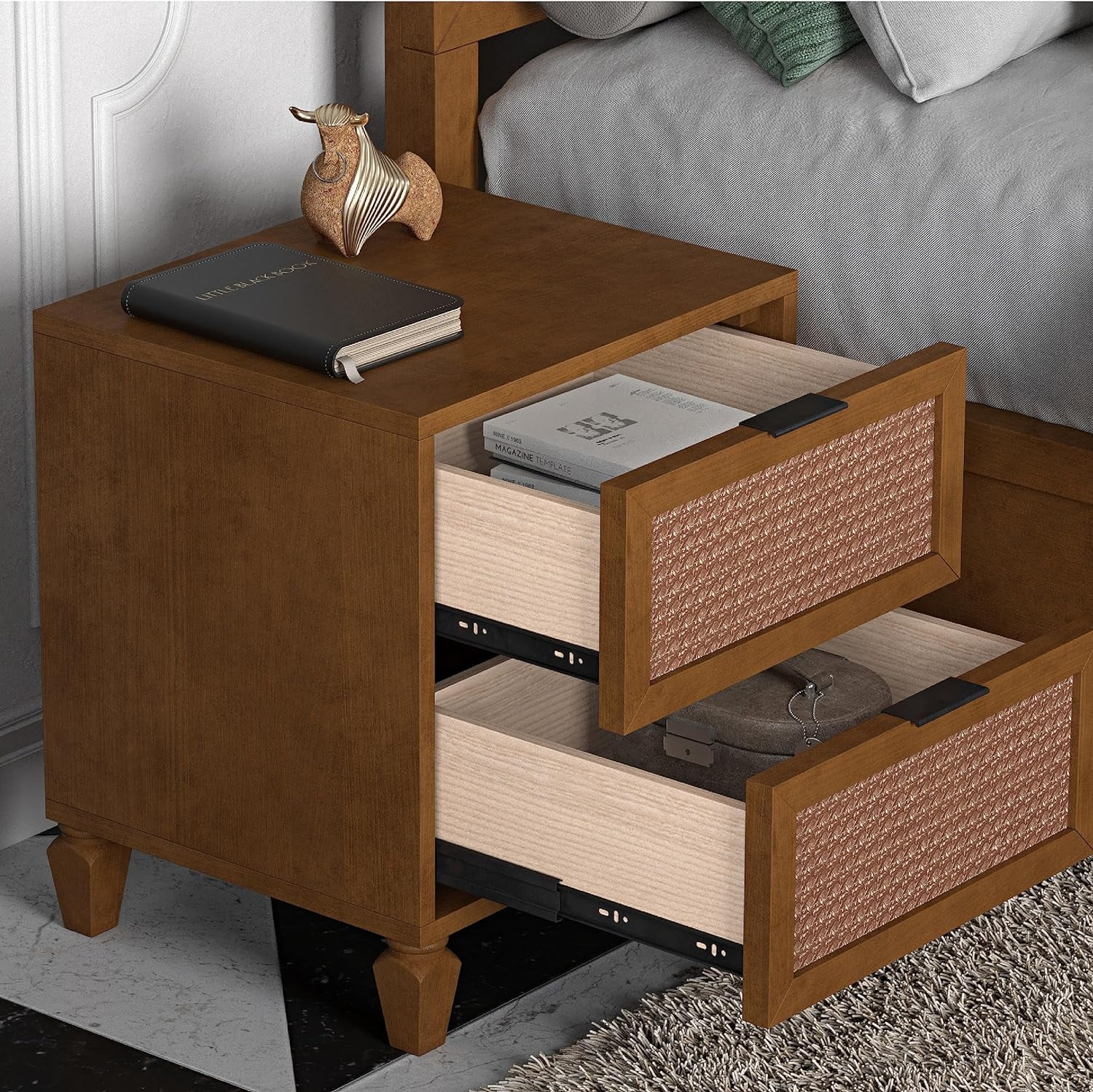 DG Casa Cove Rattan 2-Drawer Small Nightstand in Walnut with Mixed Materials & Detailed Leg Design