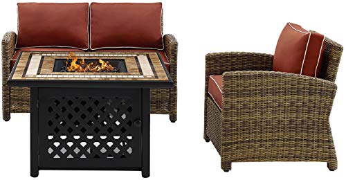 Crosley Furniture Bradenton 3-Piece Wicker Outdoor Loveseat Patio Furniture Set with Gas Fire Pit Table, Brown with Navy Cushions