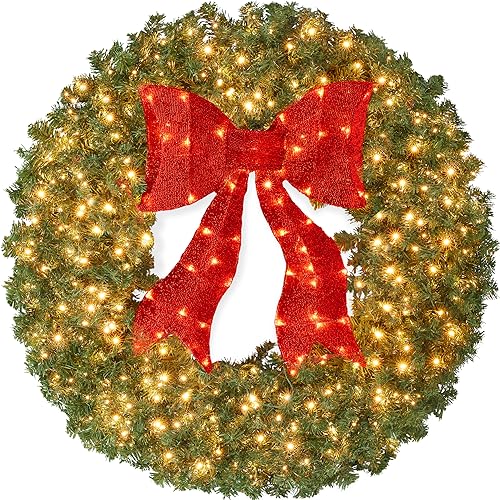 Best Choice Products 36in Large Artificial Pre-Lit Fir Christmas Wreath Holiday Accent Decoration for Door, Mantel w/Red Lighted Bow, 150 LED Lights, 300 PVC Tips, Power Plug-in