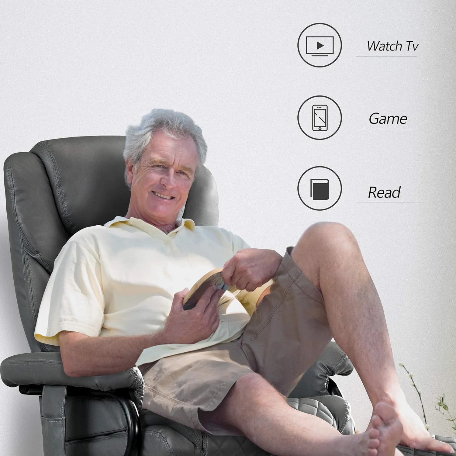 Recliner With Ottoman, Reclining Chair With Massage, 360 Swivel Living Room Chair Faux Leather, 4901 (Grey)