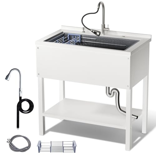 Stainless Steel Utility Sink 36“, Freestanding Laundry Sink with Upgraded Pull Out Faucet, Hose, Drain Kit & Solid Shelf. Utility Sink for Kitchen, Laundry Room, Garage & Farmhouse. (black)