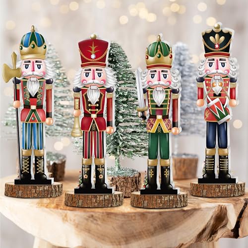 Christmas Wooden Nutcracker Table Centerpieces Tabletop Wood Decorations Tiered Tray Ornaments 4Pcs Indoor Farmhouse Rustic Home Shelf Display (Xmas-Nutcracker-4p)