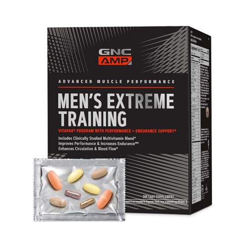 GNC AMP Men’s Extreme Training Vitapak Program, 5 Products in 1, Convenient Vitamin Pack for Performance & Endurance, Adult Multivitamin, Proven Ingredients, Caffeine, Nitric Oxide, 30 Day Supply