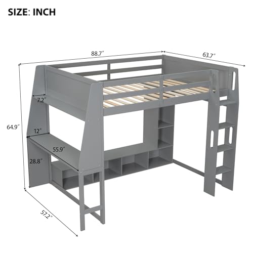 SOFTSEA Full Size Loft Bed with Desk and Storage, Solid Wood Loft Bed with Open Wardrobe and Multi-Storage Shelves, Full Gaming Bed with LED Lights for Adults Kids Teens, Grey