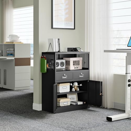 Yizosh Locking Cabinet with 2 Drawers, Metal Storage Cabinet with Locking Doors and Shelves - 41.3