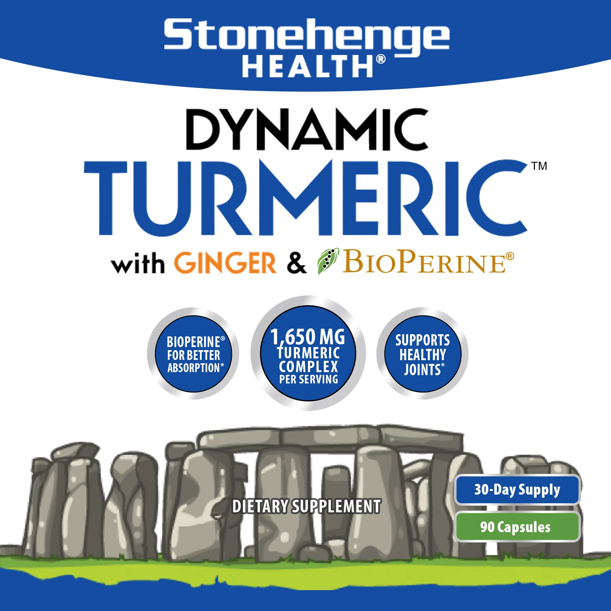 Stonehenge Health Dynamic Turmeric Curcumin Ginger Highest Potency Available. 1,650 mg Turmeric with 95% Curcuminoids & BioPerine® Supports Joint Health, 90 Vegetarian Capsules (1 Pack)