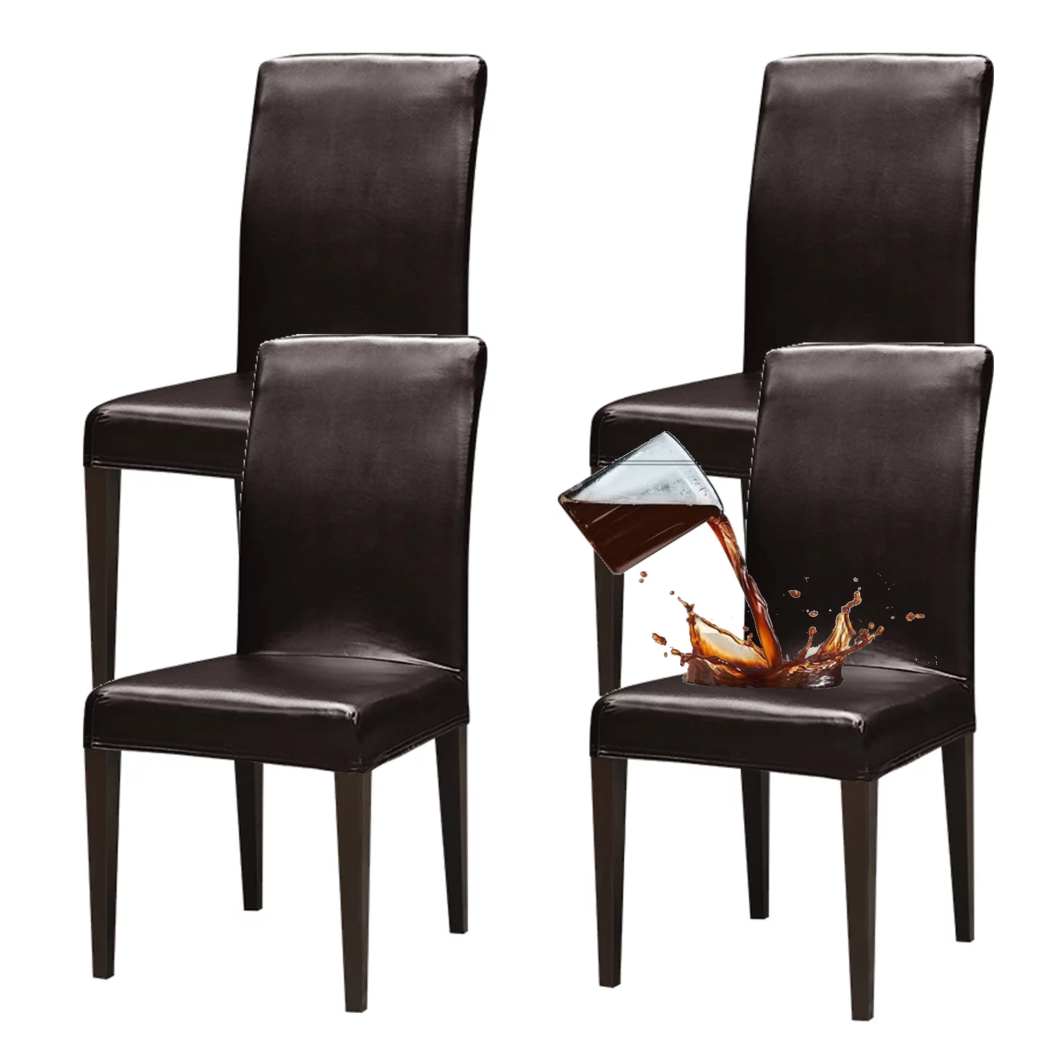 PU Leather Dining Chair Covers, Chair Slipcover Solid Waterproof and Oilproof Stretch Protector Cover Wedding Party Banquet Decoration(4Sets,Brown)