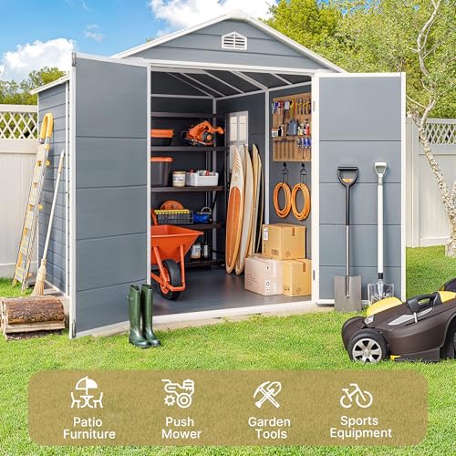 Gizoon 6x4 FT Outdoor Storage Shed with Floor, Resin Garden Tool Shed with Lockable Doors, Window, Vents, Reinforced Steel Frame, Waterproof Plastic Storage Sheds for Backyard, Patio, Lawn