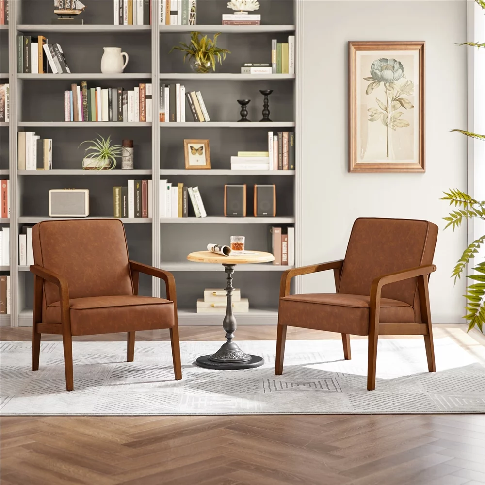 Easyfashion Mid-Century Modern Upholstered Faux Leather Armchair, Light Brown