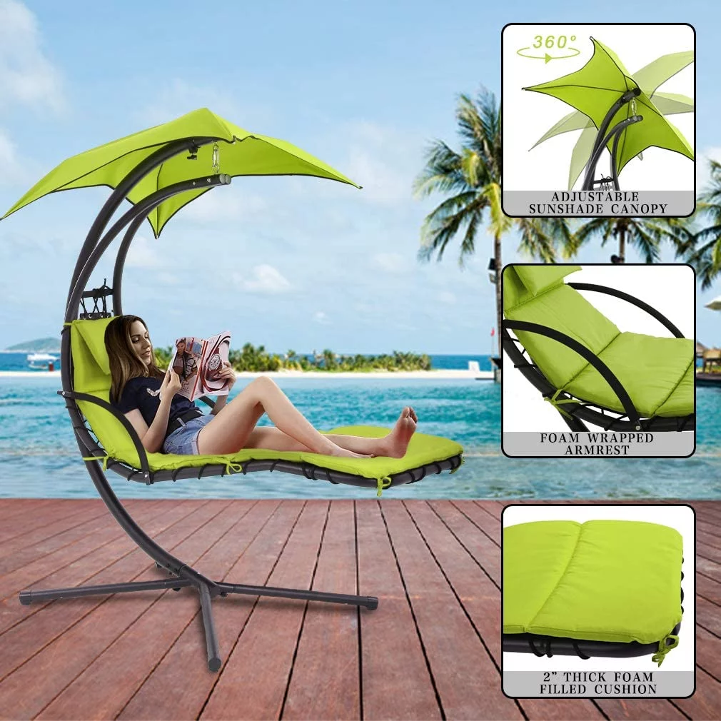 Amazingforless Green Hanging Curved Chaise Lounge Hammock Chair Swing Lounger with Cushion for Backyard, Patio w/ Pillow, Canopy, Steel Stand