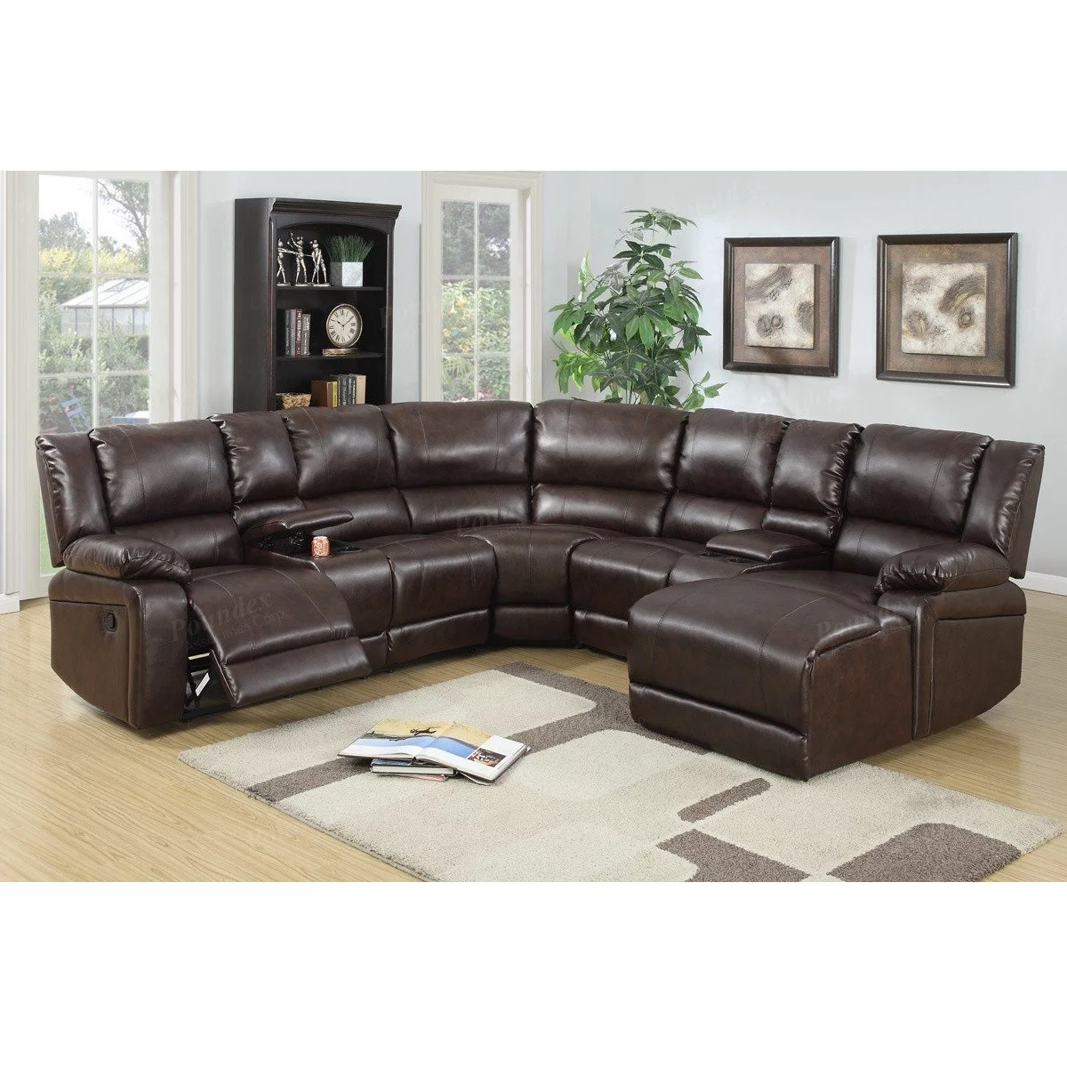5pcs Brown Bonded Leather Reclining Sofa Set Includes a Push-back Chaise