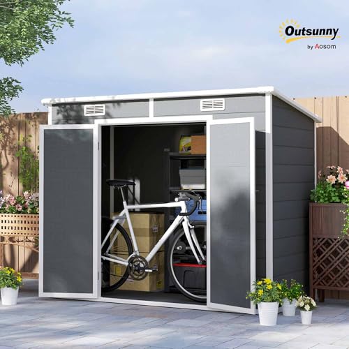 Outsunny 8' x 4' Outdoor Storage Shed, Resin Plastic Shed with Floor, Window, Lockable Doors and Vents, All-Weather Tool Shed for Backyard, Patio, Lawn, Gray