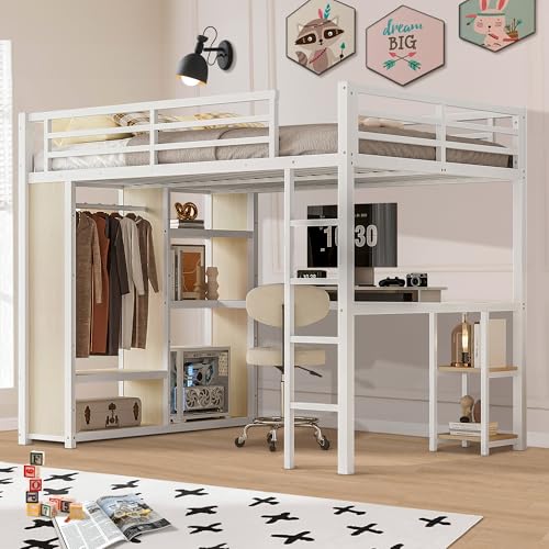 Queen Heavy Duty Metal Loft Bed with L-Shaped Desk, Wardrobe & 5 Storage Shelves – Space-Saving Design for Kids, Teens, Adults – CPC Certified, 500LBS Capacity, Easy Assembly (Queen)