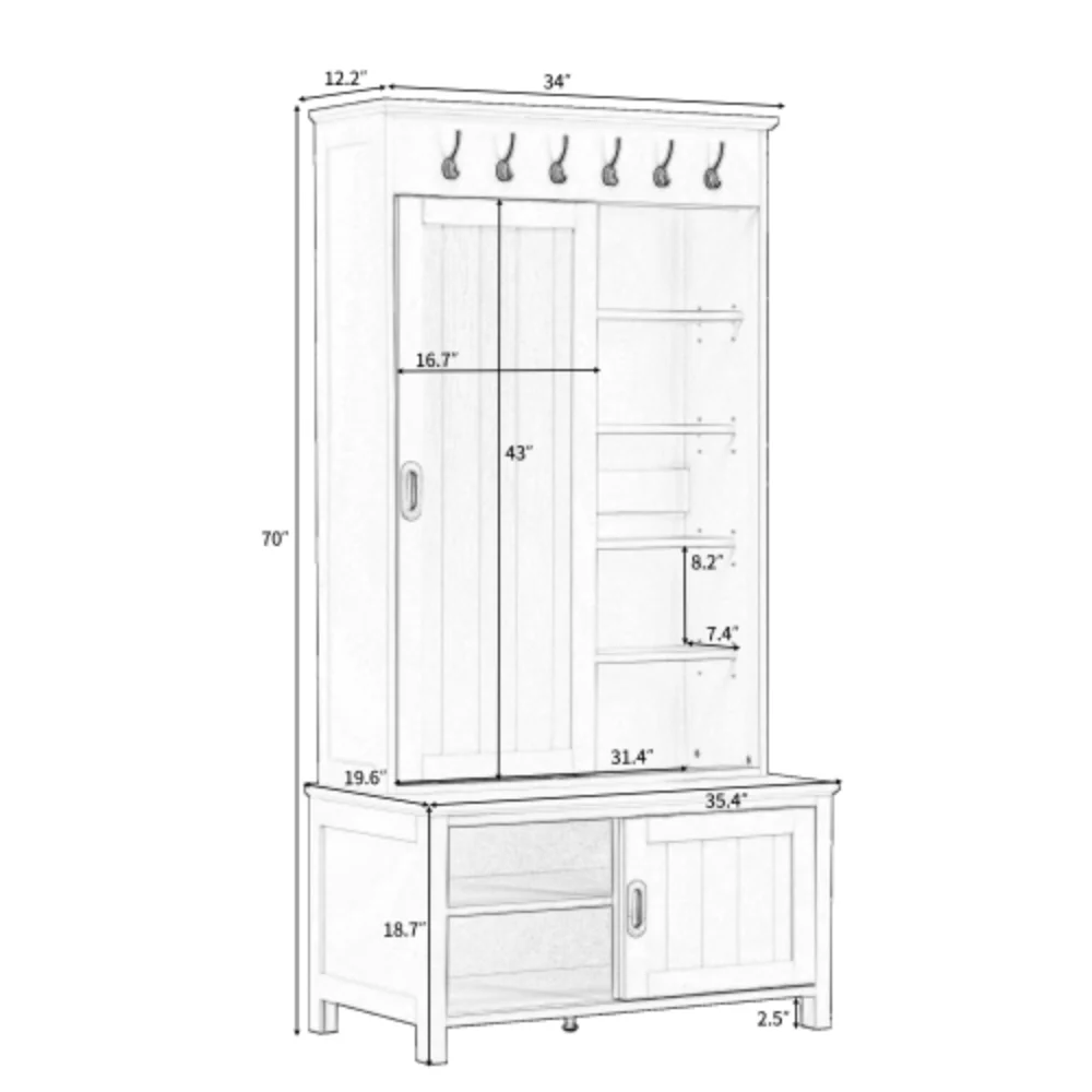 Multifunctional Hall Tree with Sliding Doors, Wooden Hallway Shoe Cabinet with Storage Bench and Shelves, Mudroom Coat Storage with Hanging Hooks for Entryways, White