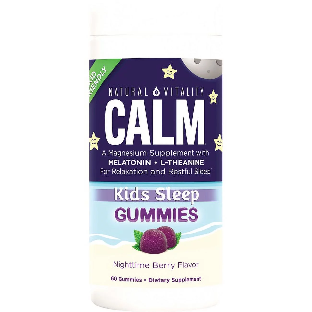 Natural Vitality Calm Kids Magnesium Supplement Gummies, Nighttime Berry, 60 Count