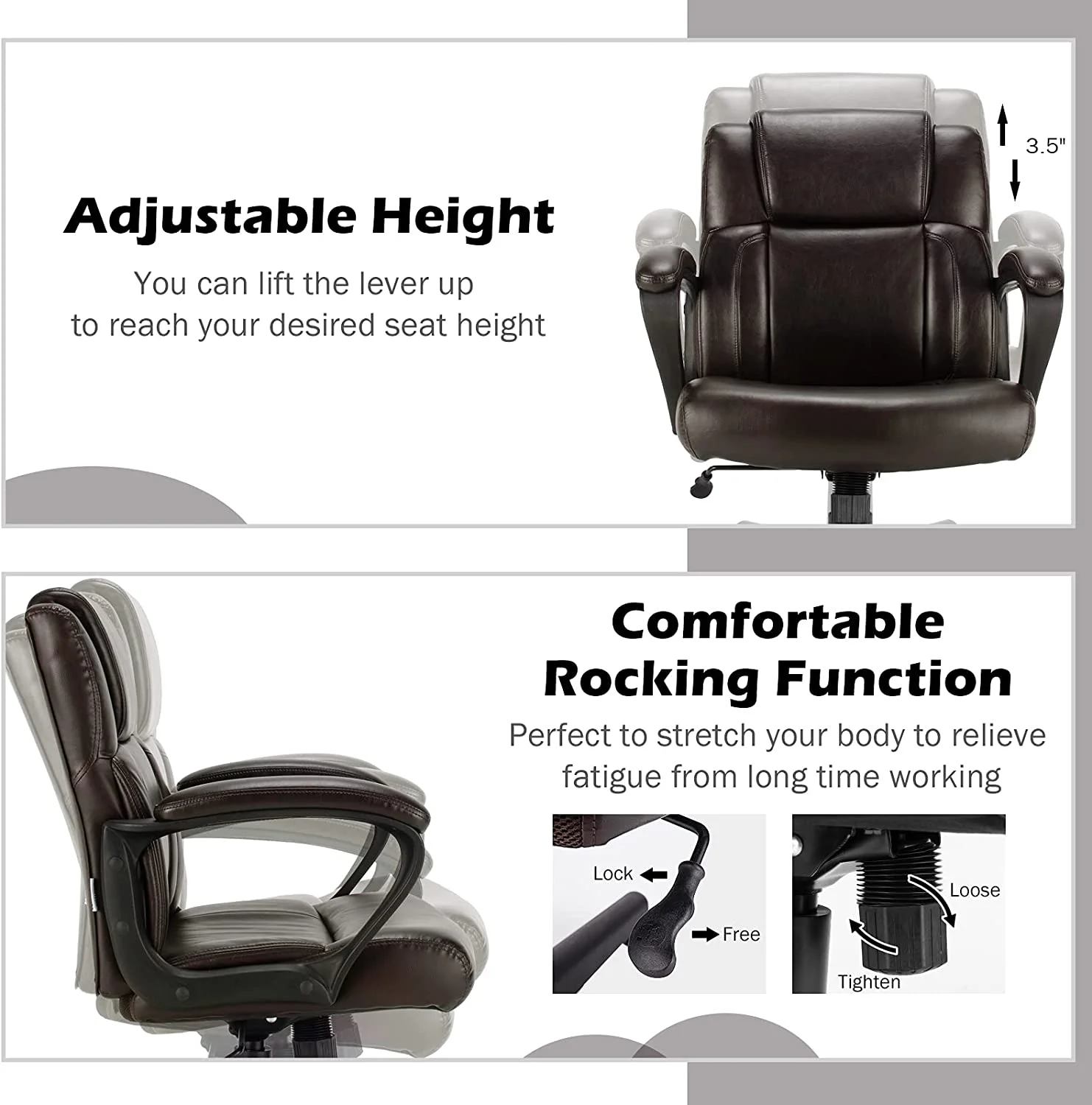 HJZBNONE Office Chair  Leather Modern Executive Chair  Ergonomic Mid Back Computer Desk Chair w/Padded Armrests  Height Adjustable Swivel Task Chair w/Rocking   Dark Brown