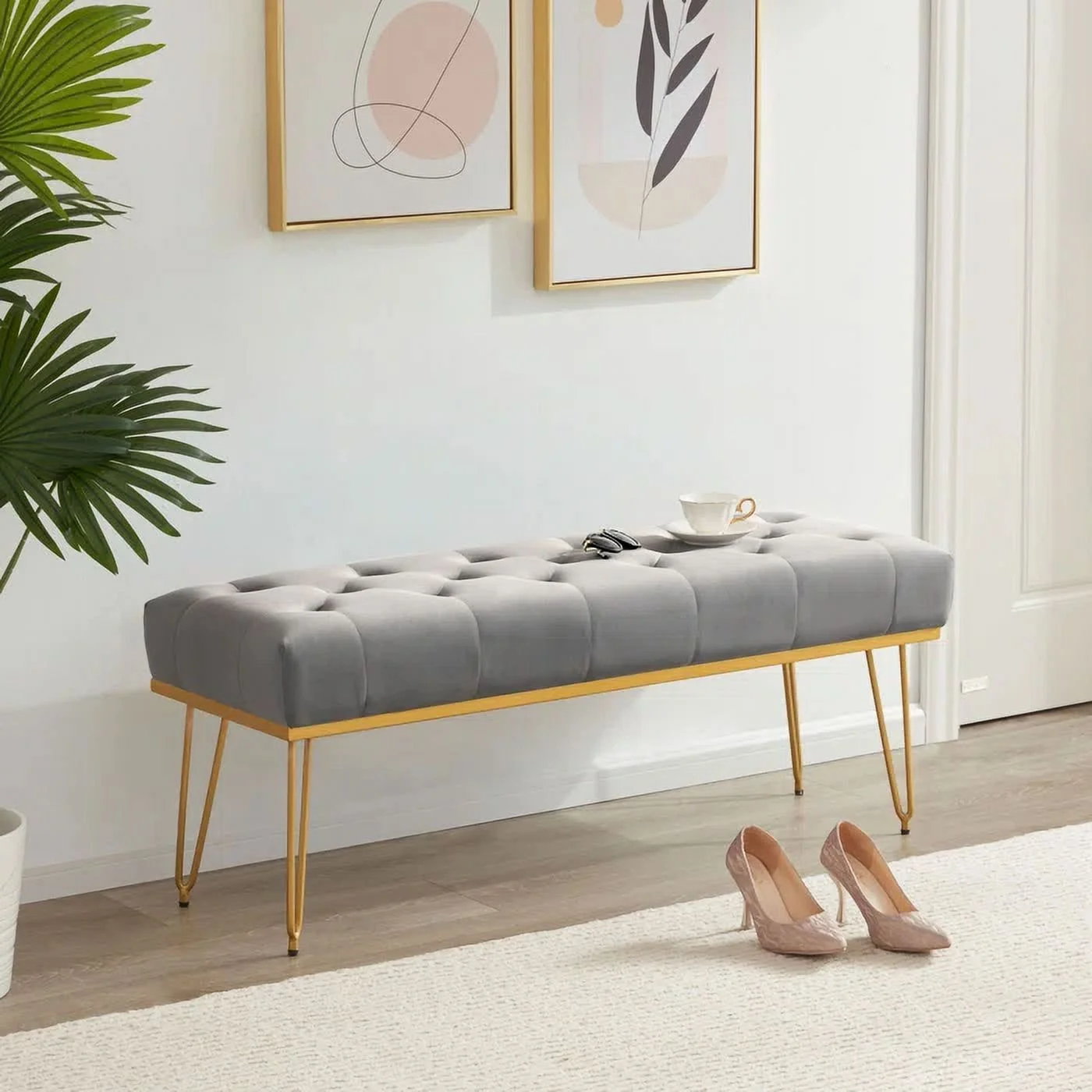 Rectangular Velvet Ottoman with Metal Base, Gray and Golden, Luxury Home Furniture