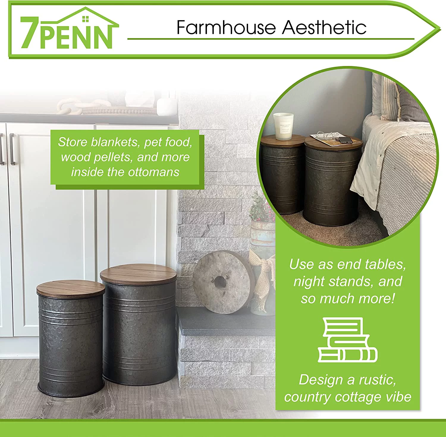 Farmhouse Side Table  Ottoman Set - 2pk Galvanized Metal Barrel Living Room Blanket