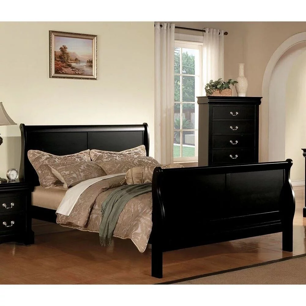 Traditional Black Finish Panel Bed 1pc Twin Size Bed Louis Phillippe Style Wooden Bedroom Furniture