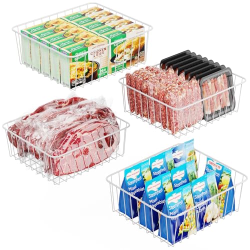 Freezer Baskets, 4 Pack Small Freezer Baskets for Upright Freezer, Wire Basket for Cabinets, Pantry, Bathroom, Countertop, White