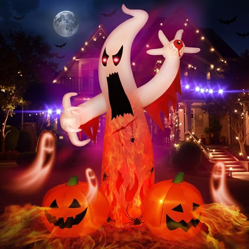 8FT Halloween Inflatables Ghost Decorations with Built-in LED Lights,Blow Up Scary Red Eye Pumpkin for Outdoor Halloween Party Garden Lawn Holiday Decor