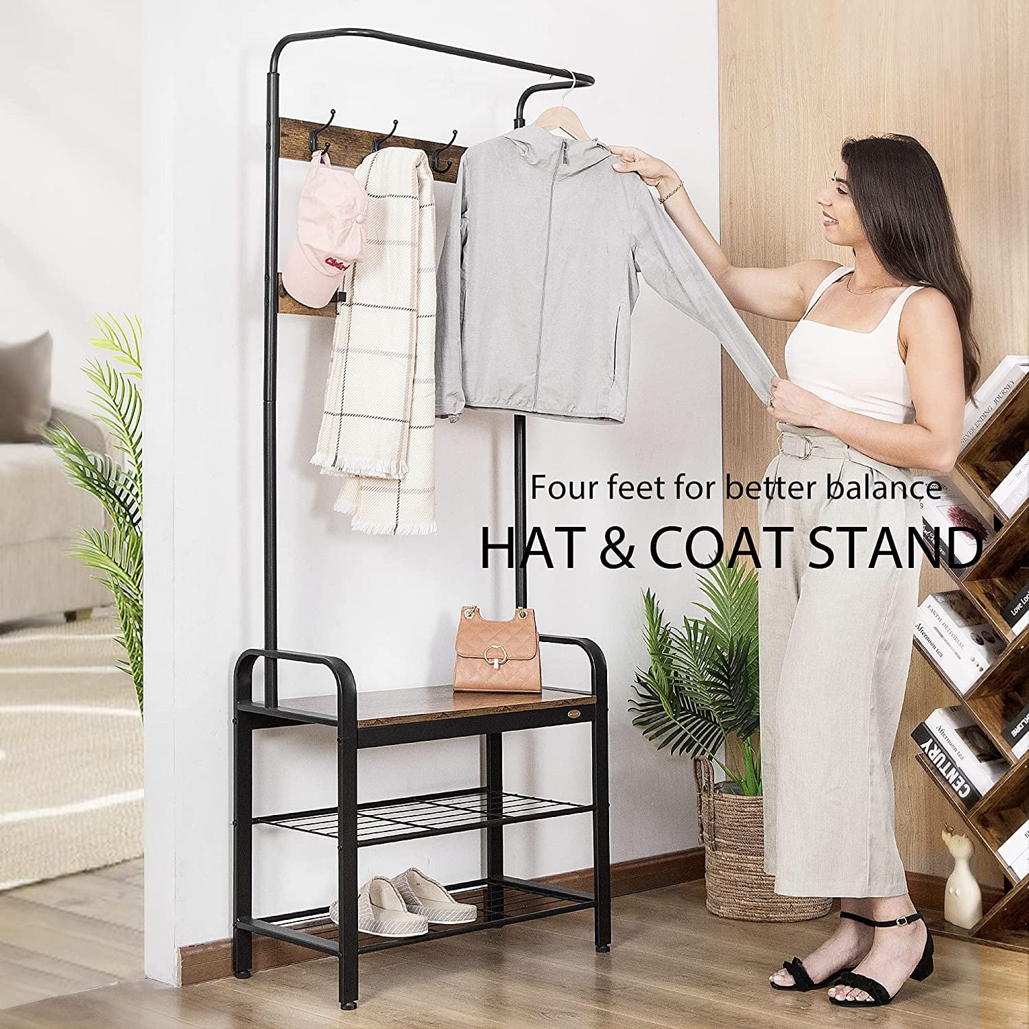 VIVOHOME 3-in-1 Entryway Hall Tree, Heavy Duty MDF Stand Coat Rack with Storage Bench, Industrial Wood Furniture with Stable Metal Frame, 8 Hooks