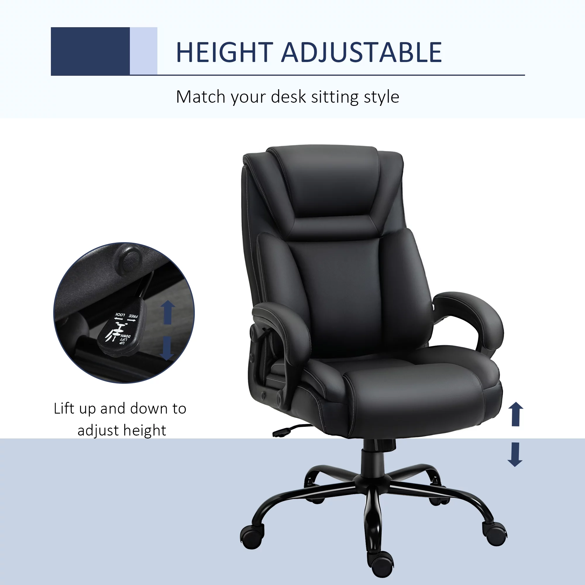 Vinsetto Big and Tall Executive Office Chair 400lbs Computer Desk Chair with High Back PU Leather Ergonomic Upholstery, Adjustable Height and Swivel Wheels, Black