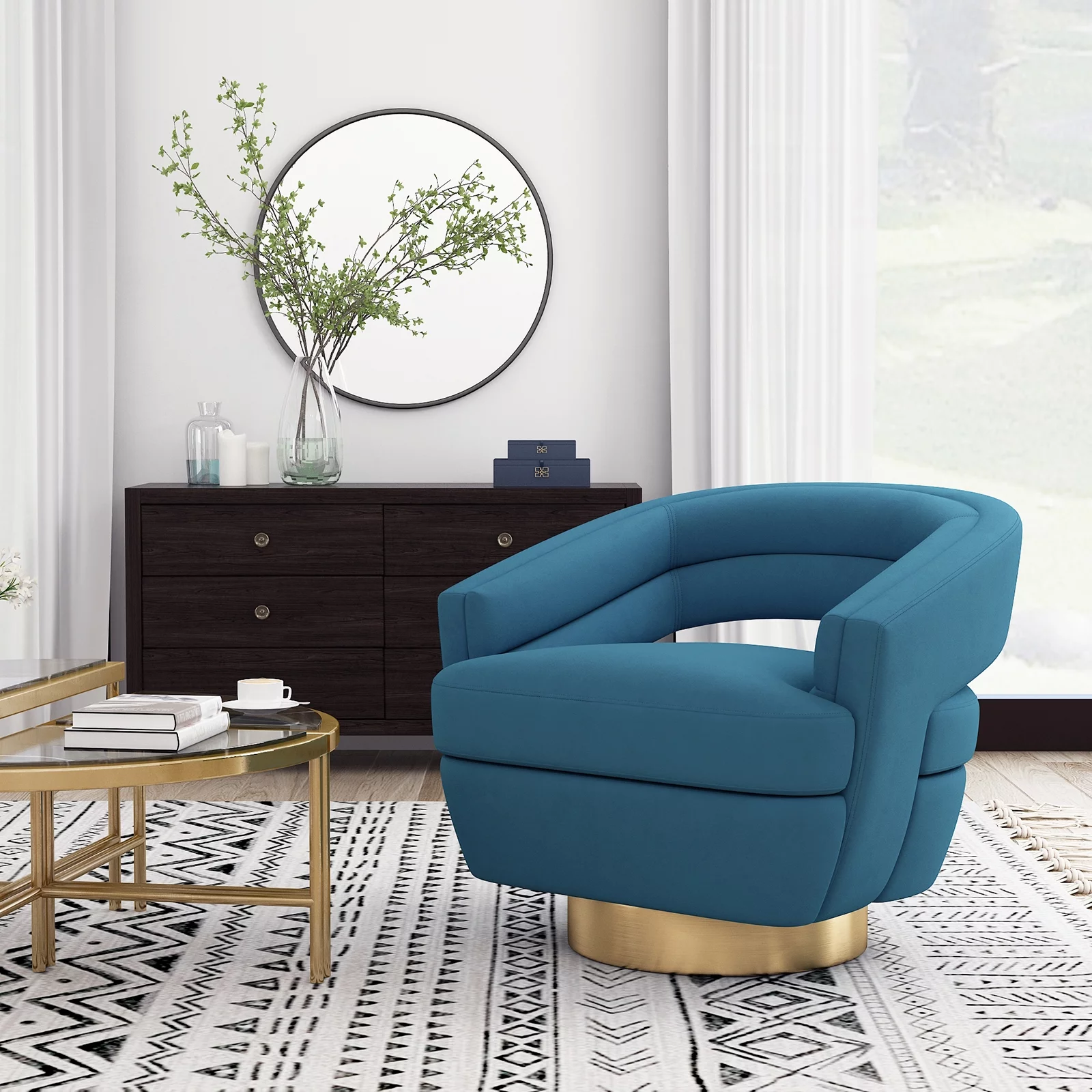 MEXIYA Galileo Modern Peacock Textured Velvet Upholstered Swivel Accent Chair with Brushed Gold Base…