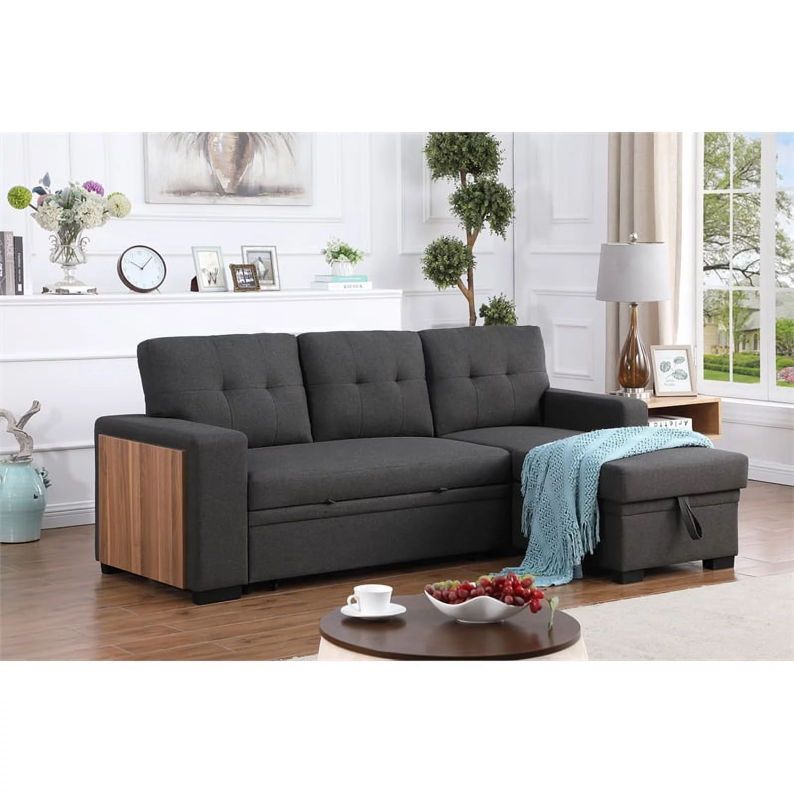Pemberly Row Fabric Reversible Side Compartment Sectional Sofa Bed - Dark Gray