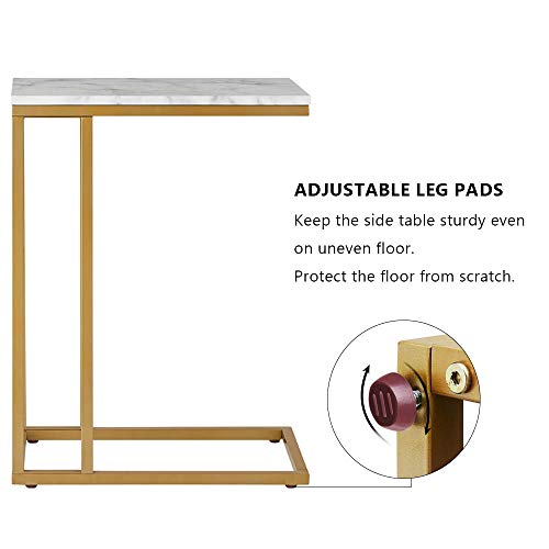 C-Shape Side End Table, Faux Marble Tray Snack Table with Metal Frame, Laptop Coffee Holder, Modern Furniture (Silver)