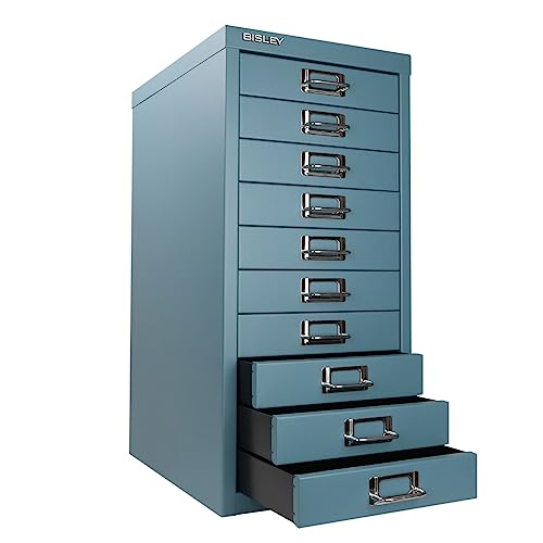 Bisley 10-Drawer Steel MultiDrawer Cabinet - Black, Chrome Pull Handles with Label Holders, Powder-Coated Steel, Removable Drawers, Fits Under Most Desks, Labels Included