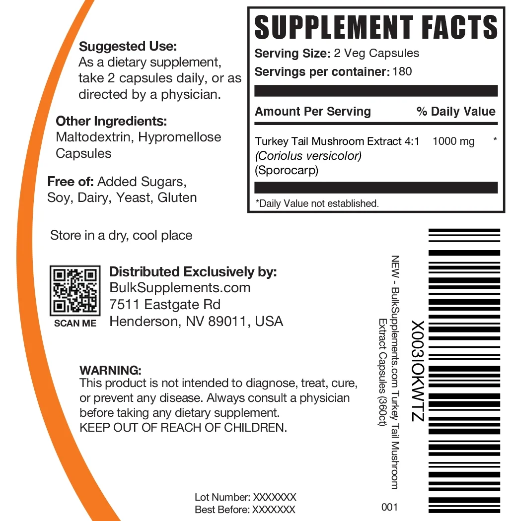 BulkSupplements.com Turkey Tail Mushroom Capsules, 1000mg - Digestive Support - Vegan Capsules - Coriolus Versicolor (360 Capsules - 6 Month Supply)