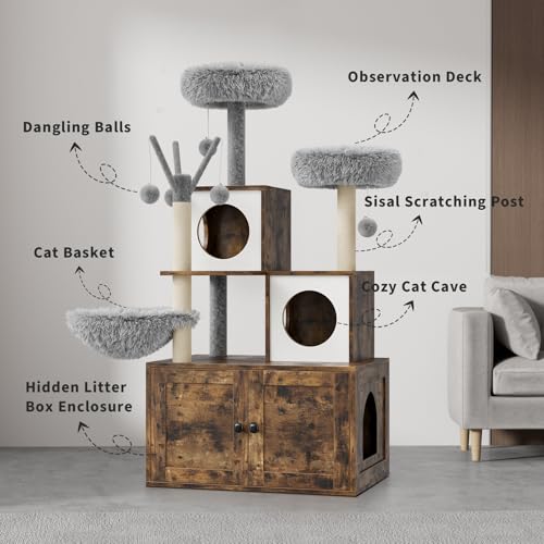 57.5-Inch Cat Tree with Litter Box Enclosure 2-in-1 Modern Cat Tower with Cat Condo/Hammock/Scratching Post/Plush Perch/Removable Pompom Sticks/Caves, Wooden Hidden Litter Box Furniture, Oak Brown