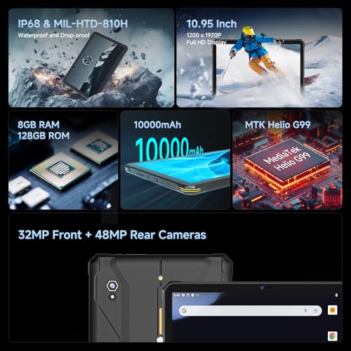 Rugged Tablet T1 Max, 10.95 inch Android 14 Tablets, 10000mAh 8GB+128GB (512GB TF) Outdoor Industrial PC, 48MP+32MP Octa-Core IP68 Waterproof Computer for Outdoor UTV Moto Drone Field Work