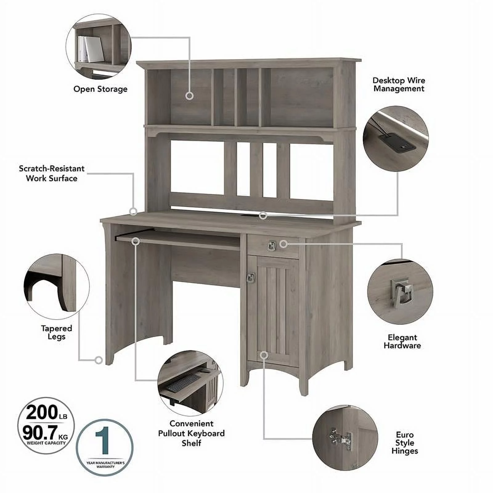 UrbanPro Farmhouse Small Computer Desk with Hutch in Driftwood Gray