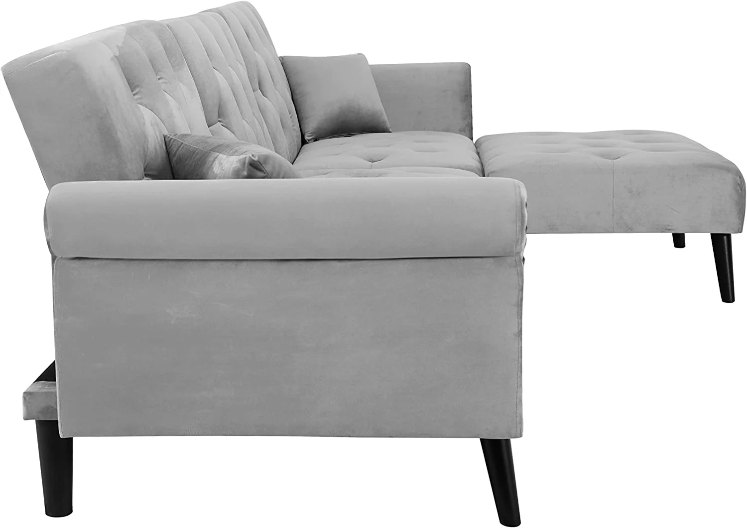 LCH Velvet Convertible Sleeper Sectional Sofa Bed Reversible L Shaped Button Tufted Couch Living Room Furniture Set with Chaise Lounge 2 Pillows  Light Grey