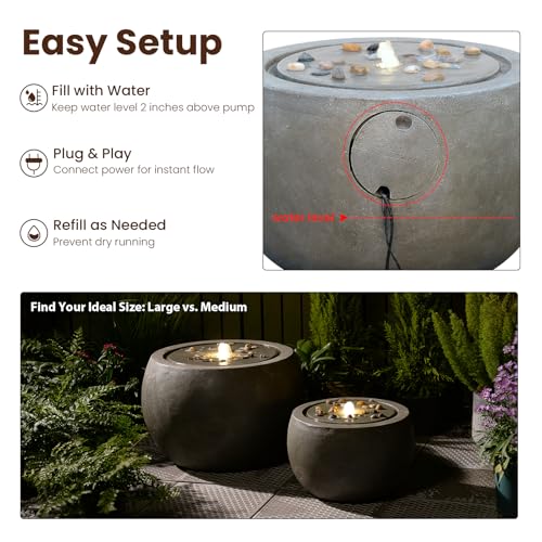 Garden Water Fountain Outdoor Large Round Bubbler Water Feature Indoor with Lights & Pump and Pebbles Concrete Effect for Patio Pool Pond Yard Home Decor Gray, 25 