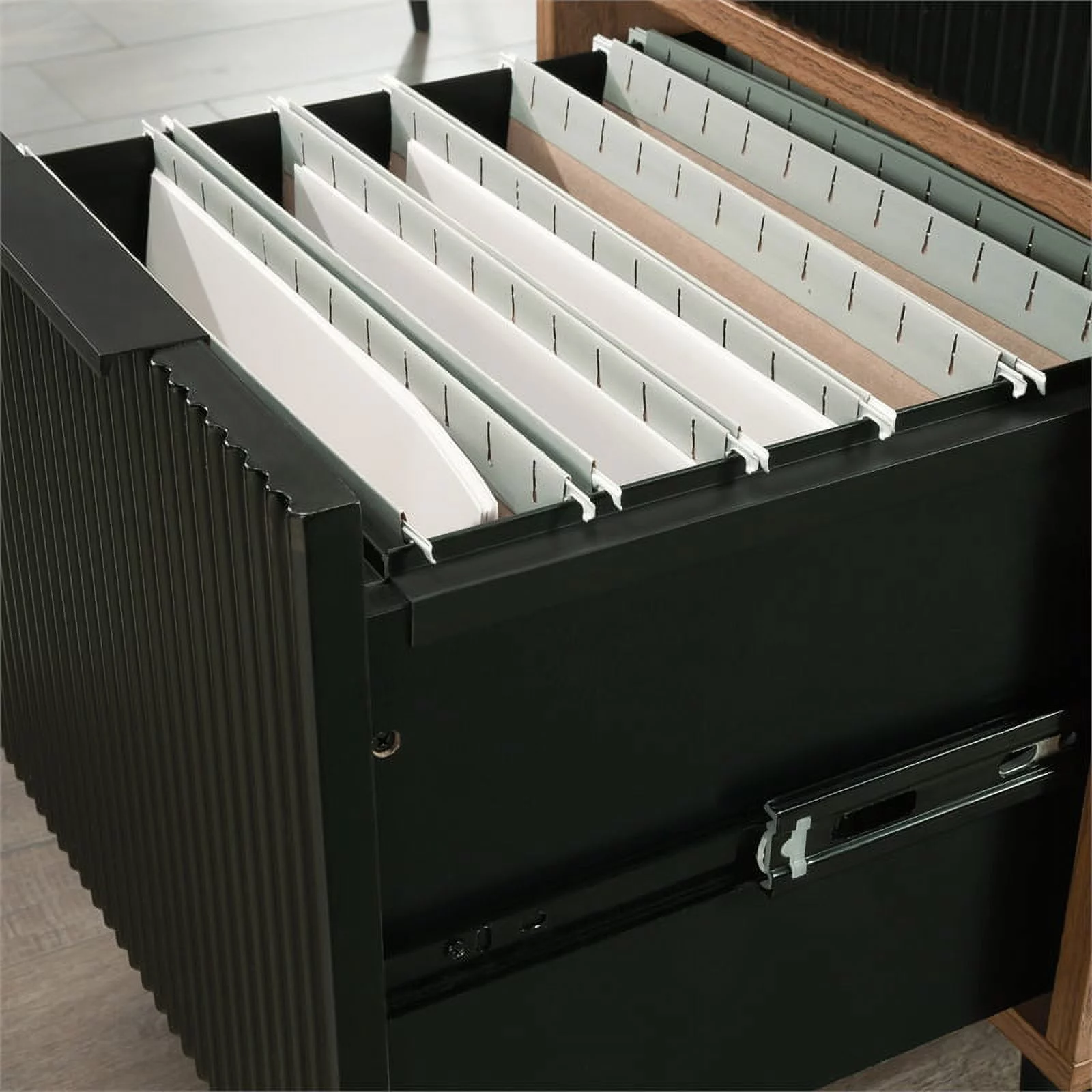 Sauder Ambleside Engineered Wood/Metal L-Desk in Serene Walnut