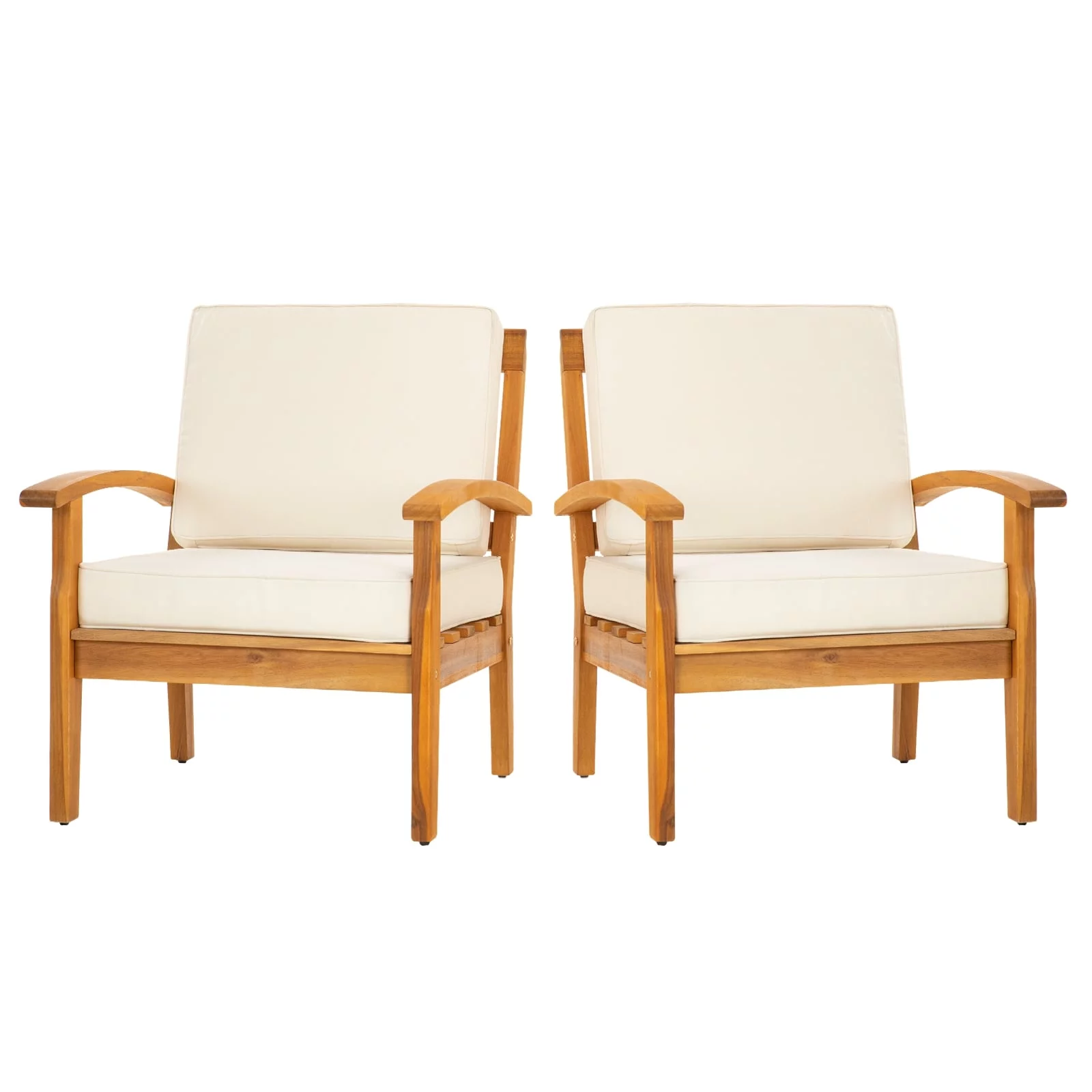 AILE Premium Acacia Patio Wood Club Chairs Set of 2, Teak Finish Furniture Sets with Thick Cushion
