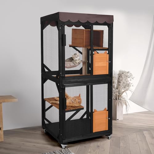 Catio Outdoor Cat Enclosure,Cat House with Wheels,Upgraded cat Scratching Post，Resting Box,Waterproof Roof for Patio Garden (Grey, 31.5